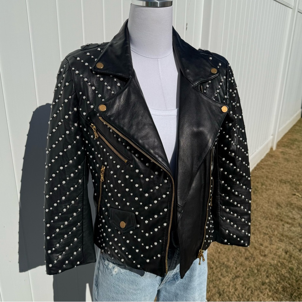 Unique rare Vintage Rebecca Minkoff Black leather pearl studded jacket